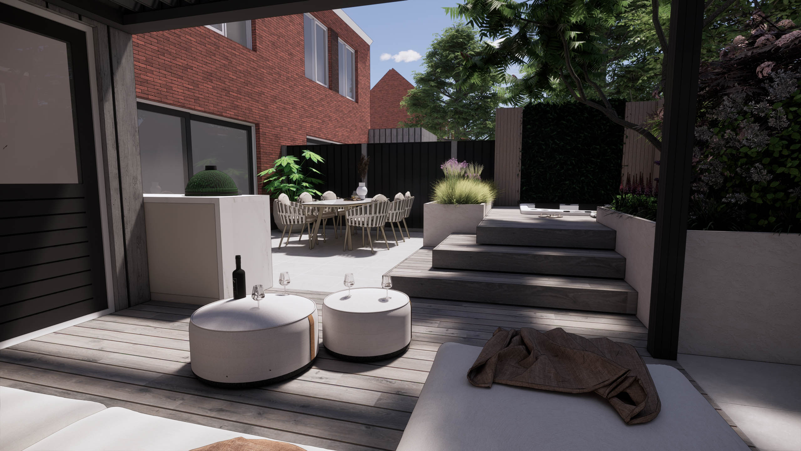visualisatie van een strakke tuin met overkapping visualisatie van een strakke tuin met overkapping